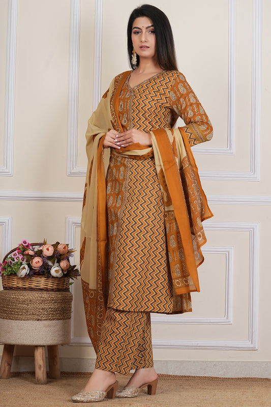 Mustard Brown Printed Kurta Set with Zigzag Pattern & Paisley Dupatta – 3 Piece
