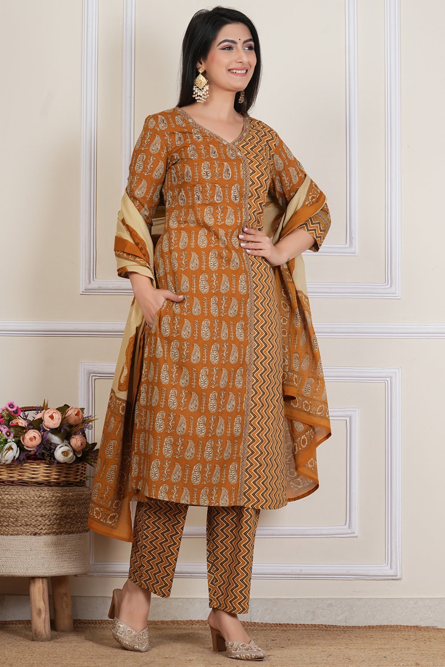 Mustard Brown Printed Kurta Set with Zigzag Pattern & Paisley Dupatta – 3 Piece