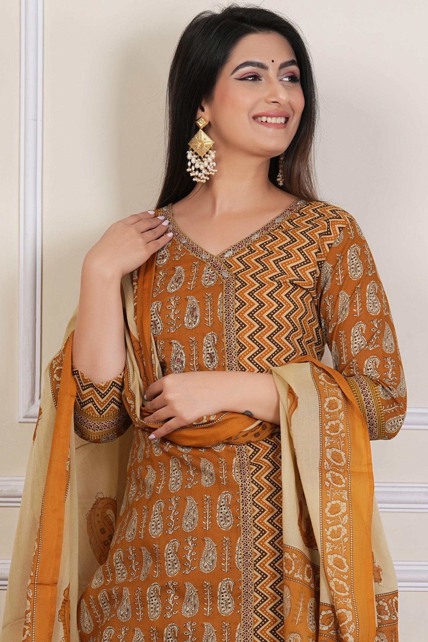 Mustard Brown Printed Kurta Set with Zigzag Pattern & Paisley Dupatta – 3 Piece