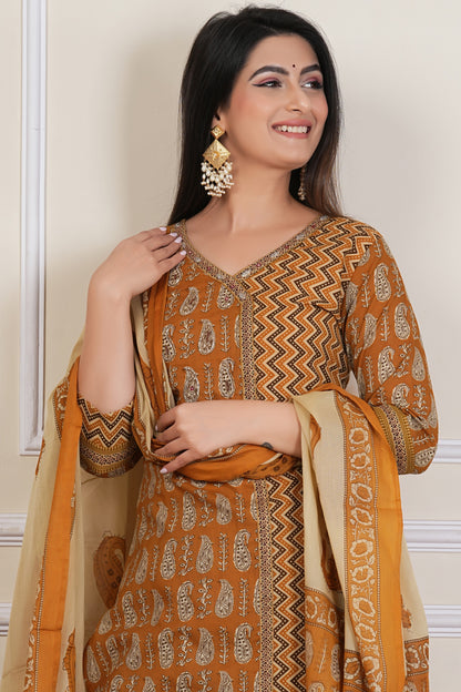Mustard Brown Printed Kurta Set with Zigzag Pattern & Paisley Dupatta – 3 Piece