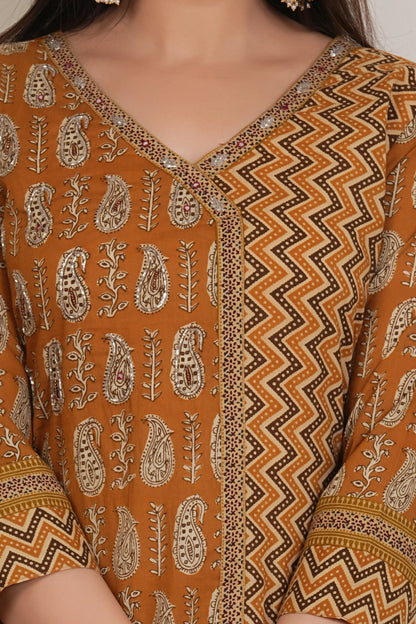 Mustard Brown Printed Kurta Set with Zigzag Pattern & Paisley Dupatta – 3 Piece
