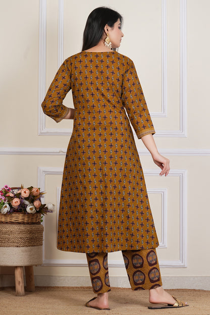 Mustard Ajrakh Printed Kurta Set with Dupatta – 3 Piece