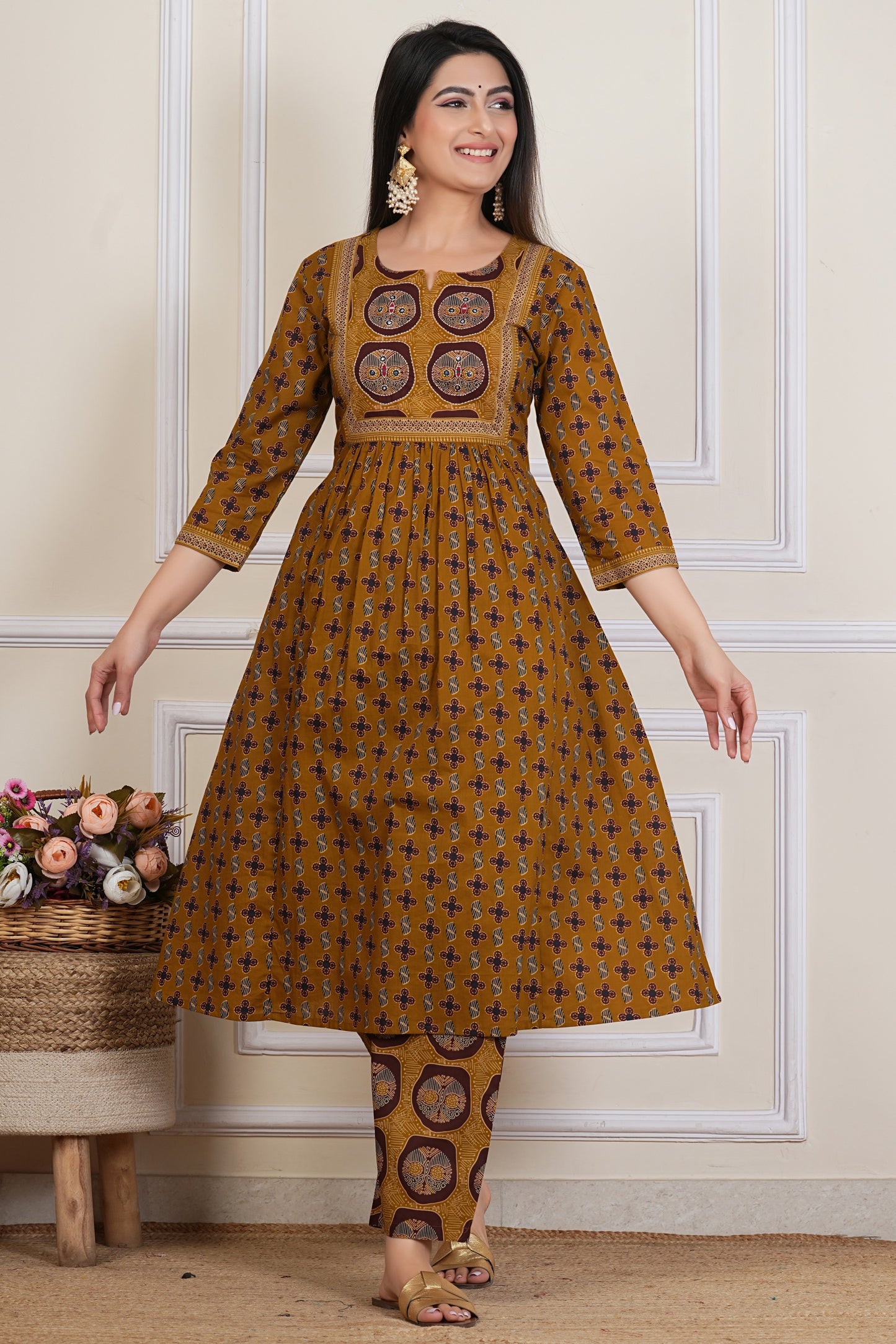 Mustard Ajrakh Printed Kurta Set with Dupatta – 3 Piece