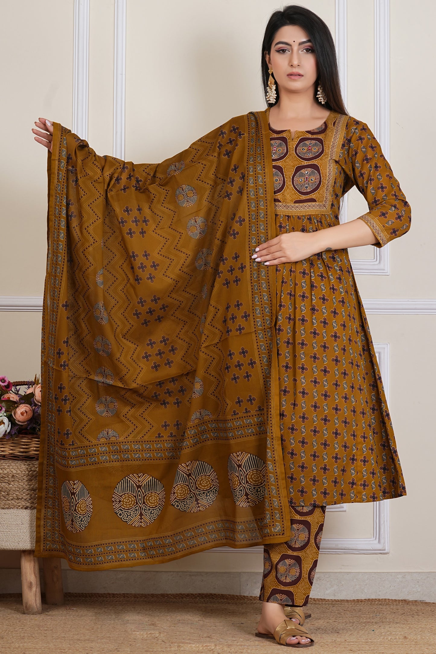 Mustard Ajrakh Printed Kurta Set with Dupatta – 3 Piece