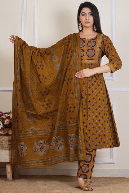 Mustard Ajrakh Printed Kurta Set with Dupatta – 3 Piece