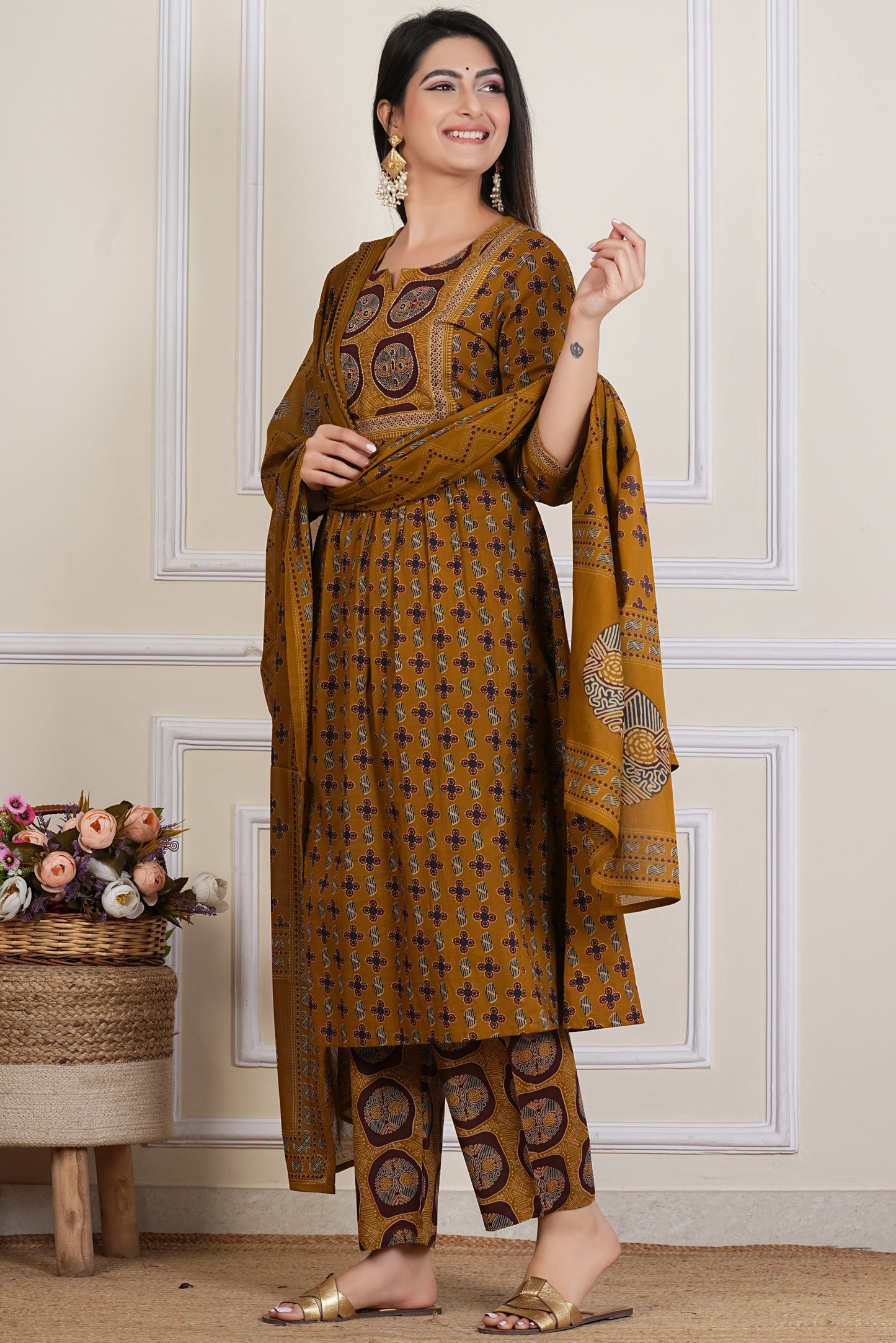 Mustard Ajrakh Printed Kurta Set with Dupatta – 3 Piece
