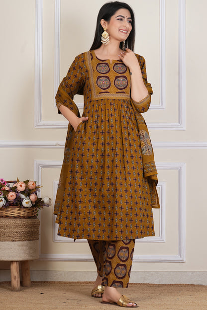 Mustard Ajrakh Printed Kurta Set with Dupatta – 3 Piece