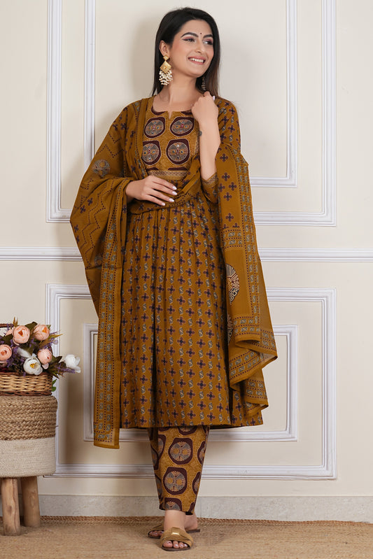 Mustard Ajrakh Printed Kurta Set with Dupatta – 3 Piece