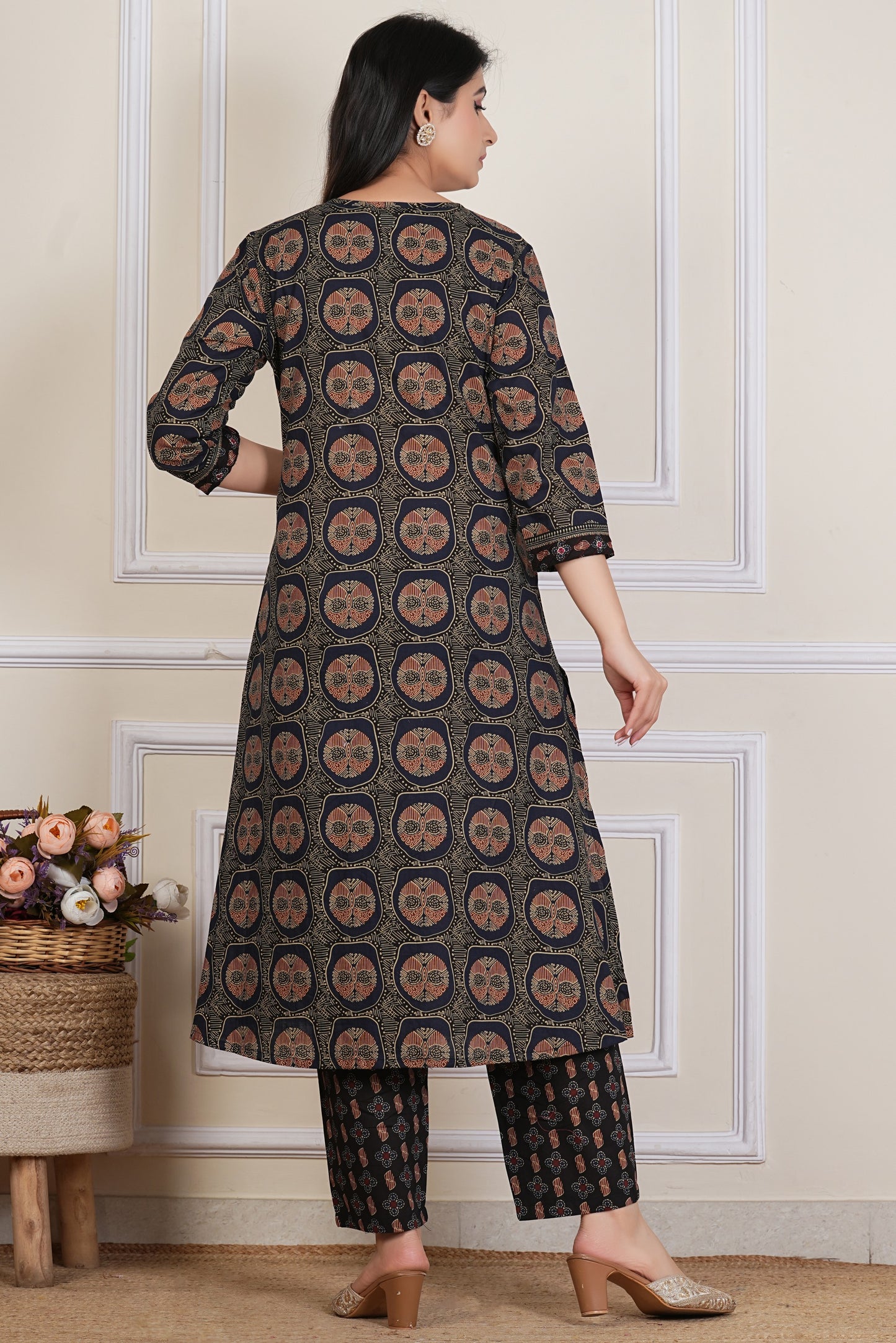 Black Ajrakh Printed Kurta Set with Dupatta – 3 Piece