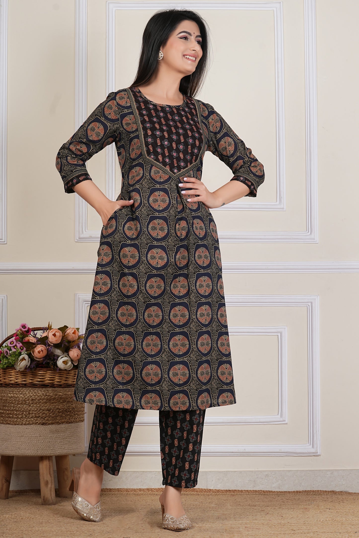 Black Ajrakh Printed Kurta Set with Dupatta – 3 Piece