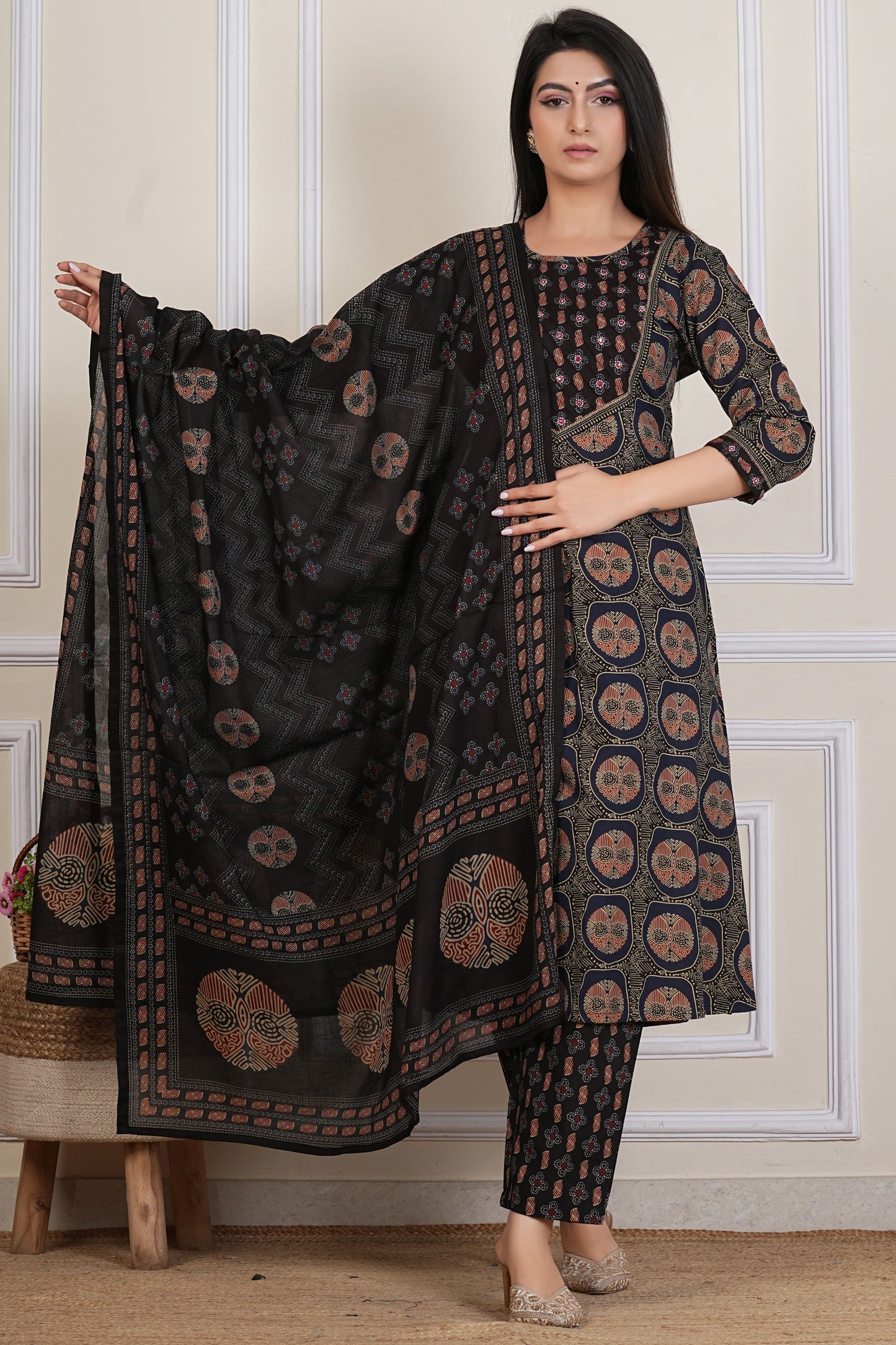 Black Ajrakh Printed Kurta Set with Dupatta – 3 Piece