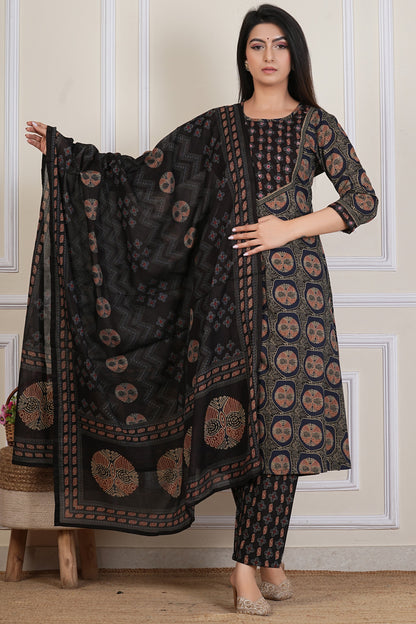 Black Ajrakh Printed Kurta Set with Dupatta – 3 Piece