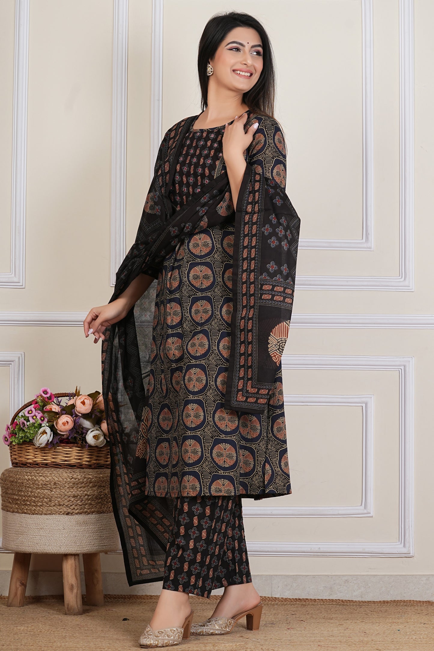 Black Ajrakh Printed Kurta Set with Dupatta – 3 Piece