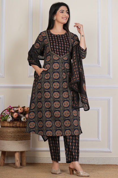 Black Ajrakh Printed Kurta Set with Dupatta – 3 Piece