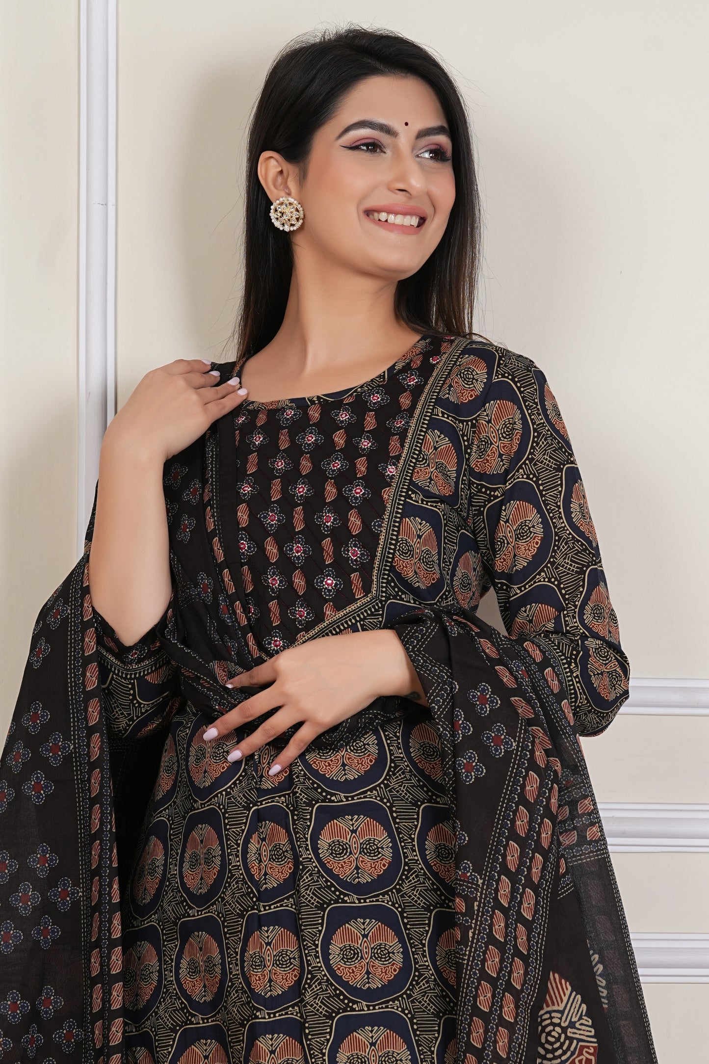 Black Ajrakh Printed Kurta Set with Dupatta – 3 Piece