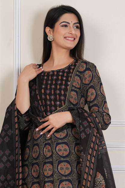Black Ajrakh Printed Kurta Set with Dupatta – 3 Piece