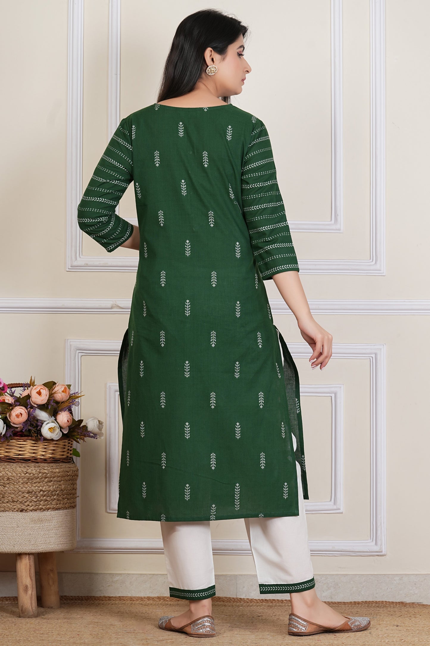 Tavajju Green Printed Cotton Yard Three-Piece Set | Kurta, Bottom & Dupatta