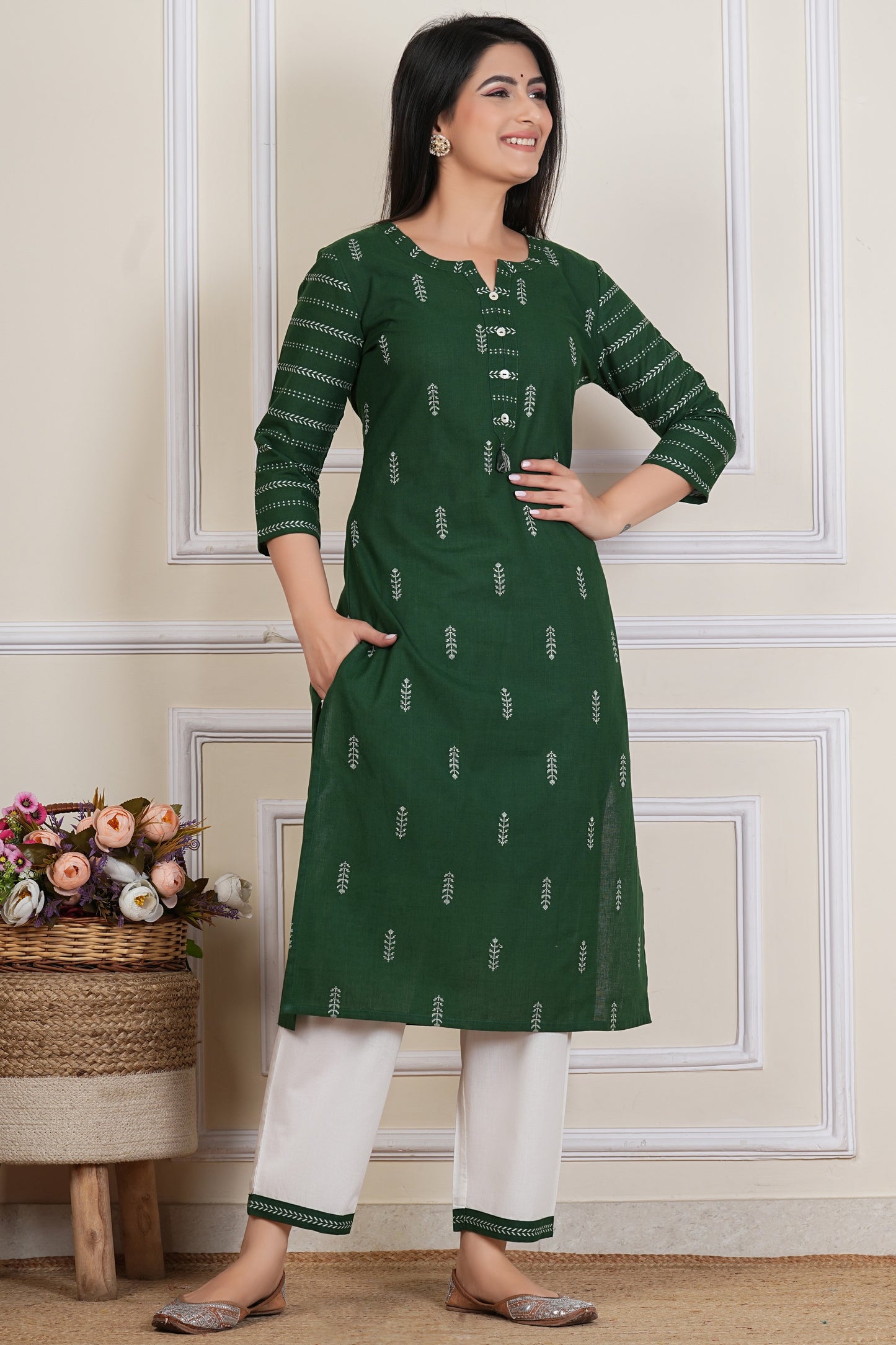Tavajju Green Printed Cotton Yard Three-Piece Set | Kurta, Bottom & Dupatta