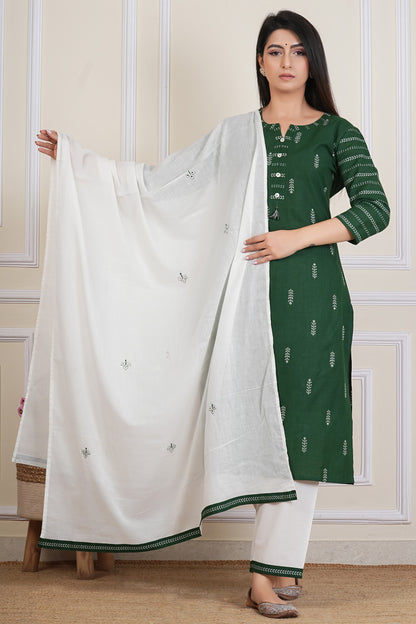 Tavajju Green Printed Cotton Yard Three-Piece Set | Kurta, Bottom & Dupatta