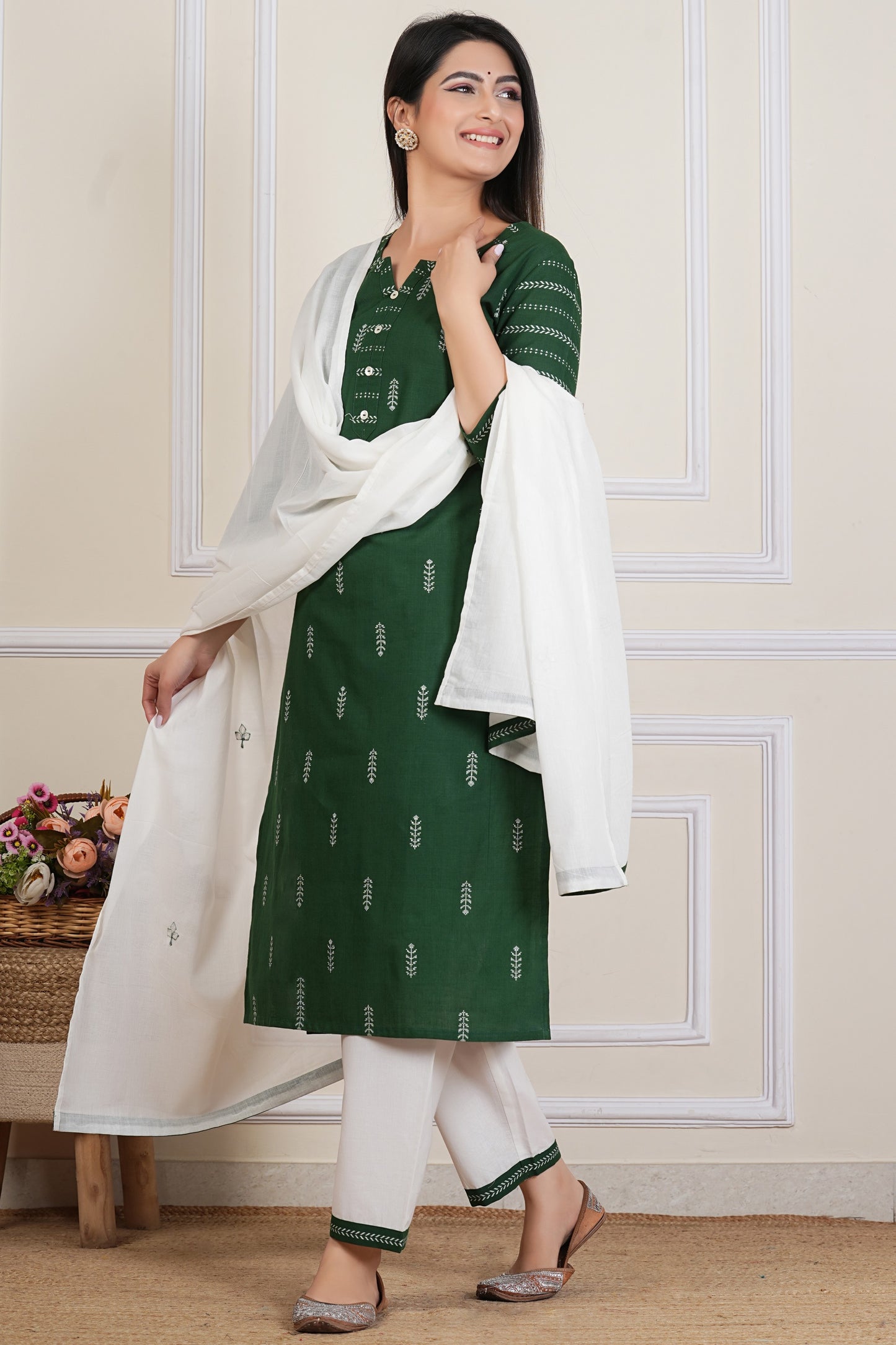 Tavajju Green Printed Cotton Yard Three-Piece Set | Kurta, Bottom & Dupatta