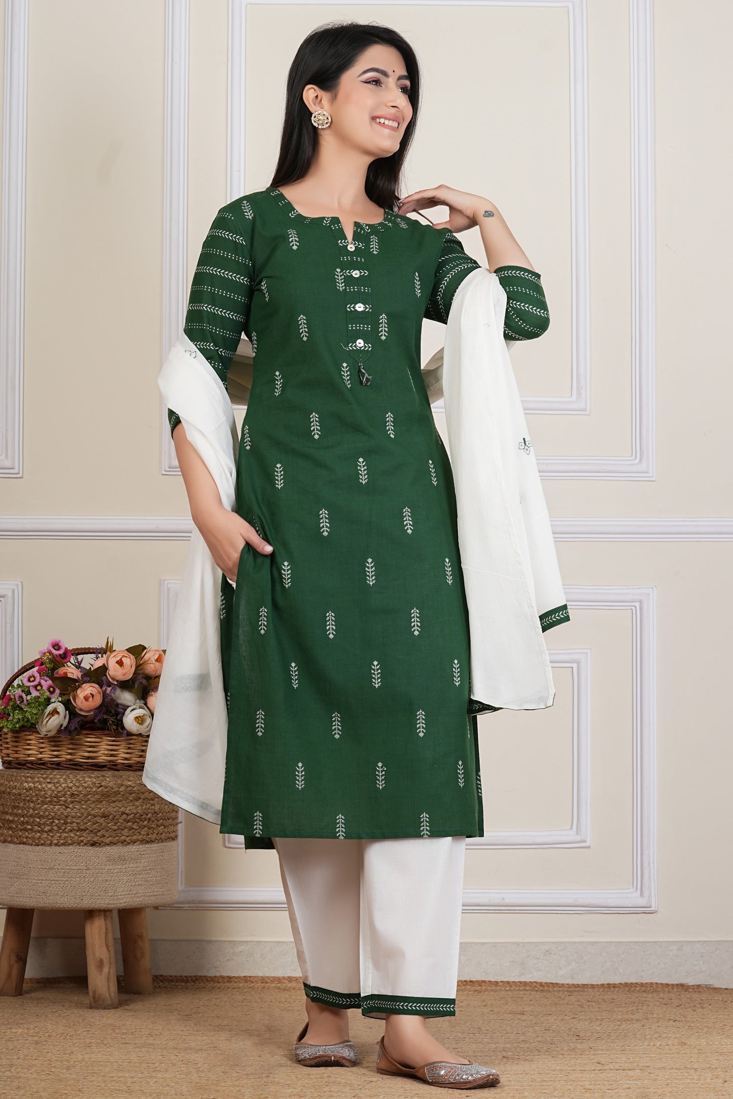Tavajju Green Printed Cotton Yard Three-Piece Set | Kurta, Bottom & Dupatta