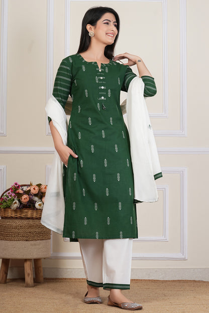 Tavajju Green Printed Cotton Yard Three-Piece Set | Kurta, Bottom & Dupatta