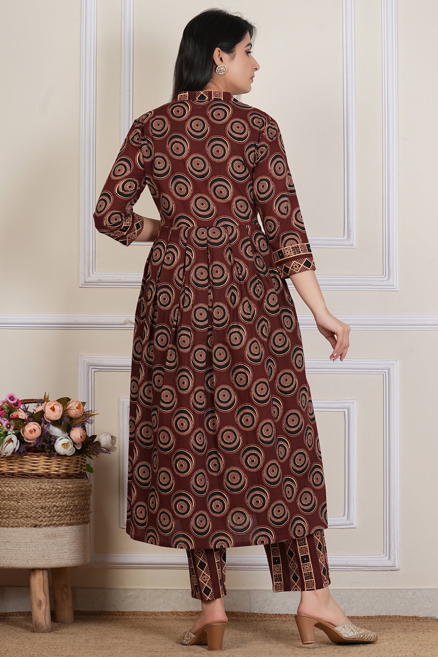 Tavajju Brown Printed Cotton Three-Piece Set | Kurta, Pant & Dupatta