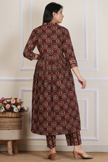 Tavajju Brown Printed Cotton Three-Piece Set | Kurta, Pant & Dupatta