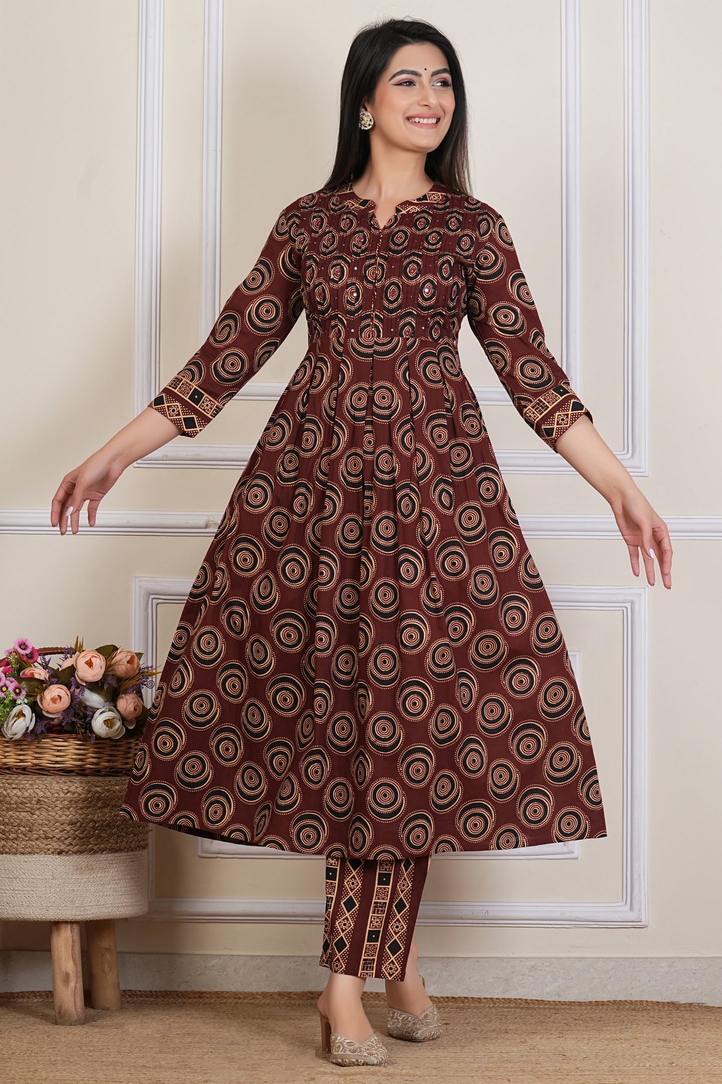 Tavajju Brown Printed Cotton Three-Piece Set | Kurta, Pant & Dupatta