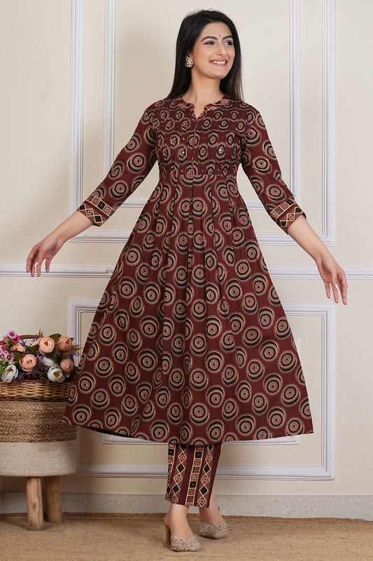 Tavajju Brown Printed Cotton Three-Piece Set | Kurta, Pant & Dupatta