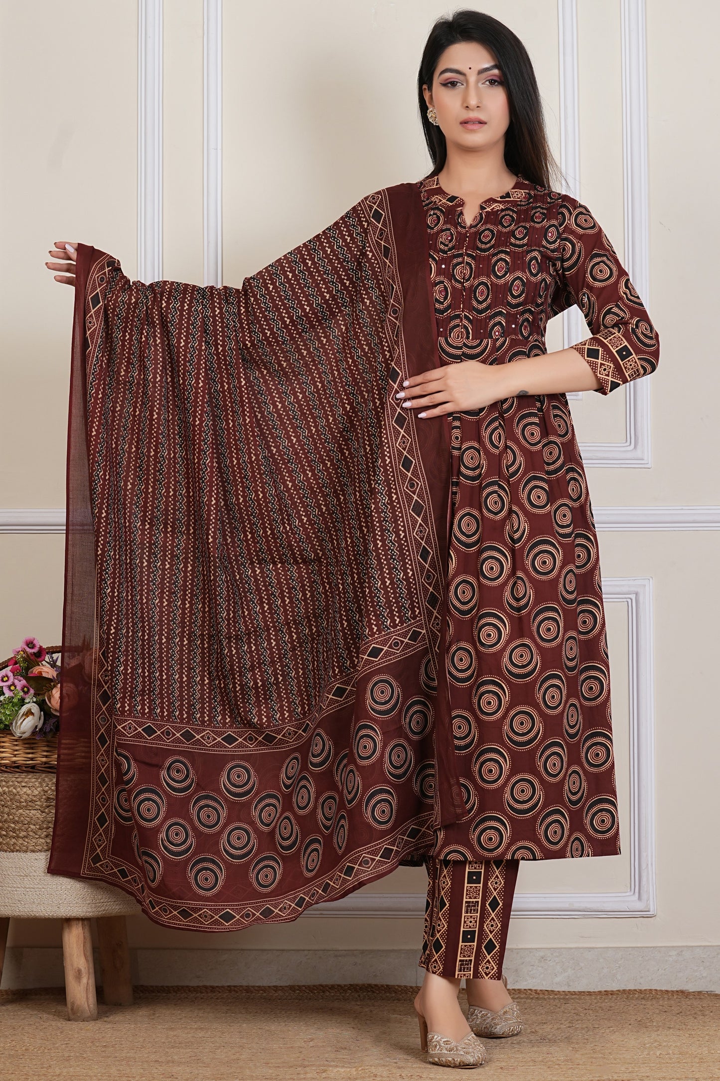 Tavajju Brown Printed Cotton Three-Piece Set | Kurta, Pant & Dupatta