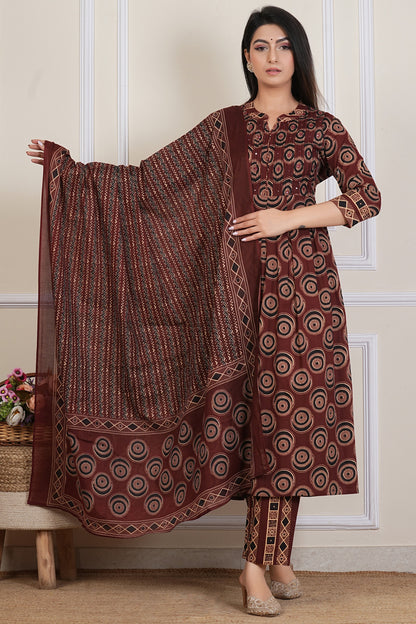 Tavajju Brown Printed Cotton Three-Piece Set | Kurta, Pant & Dupatta