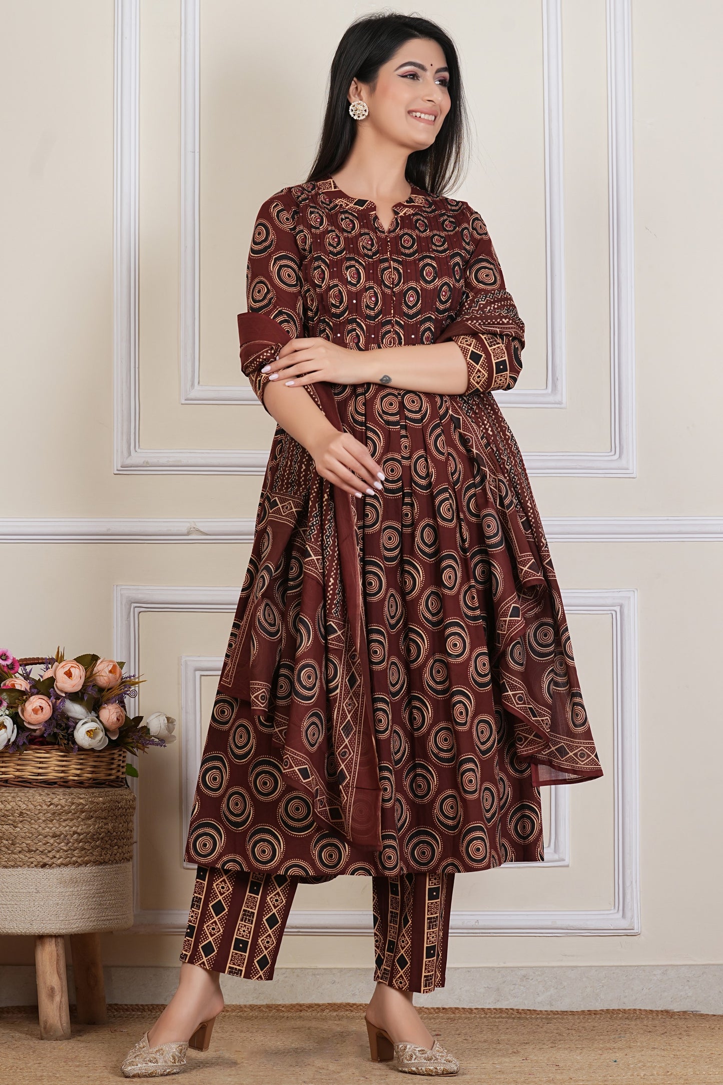 Tavajju Brown Printed Cotton Three-Piece Set | Kurta, Pant & Dupatta