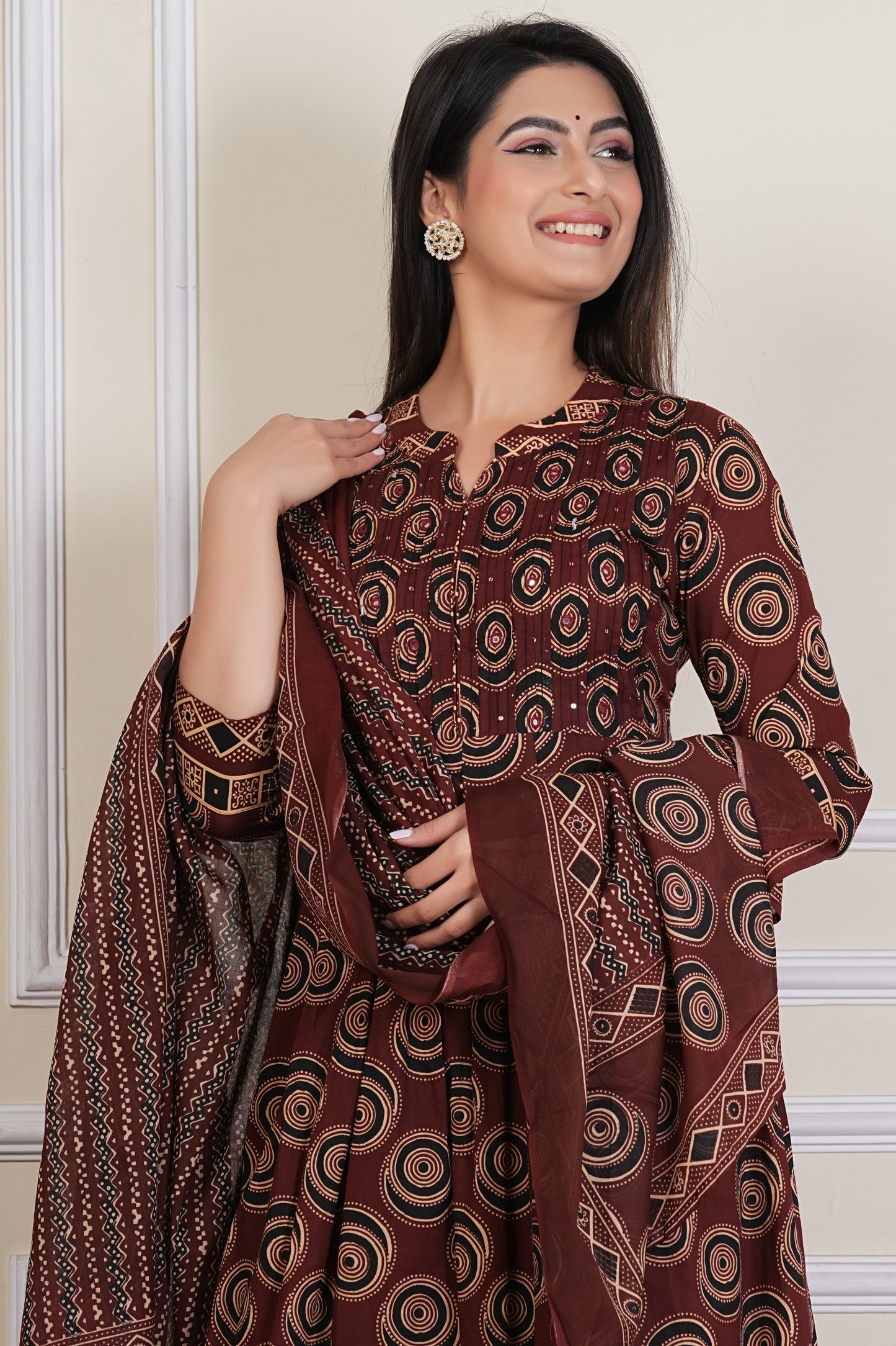 Tavajju Brown Printed Cotton Three-Piece Set | Kurta, Pant & Dupatta