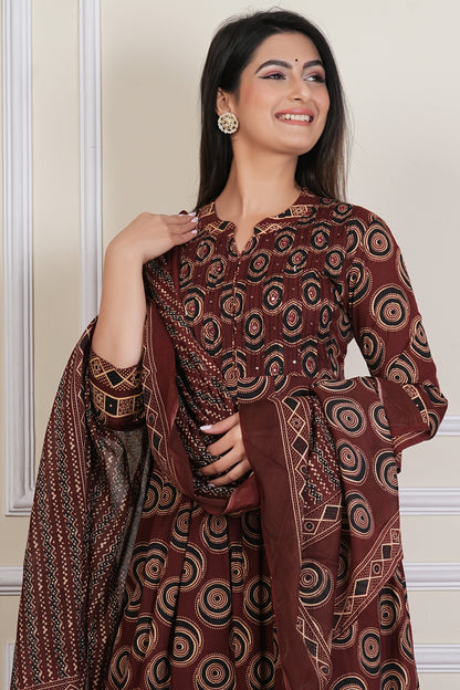 Tavajju Brown Printed Cotton Three-Piece Set | Kurta, Pant & Dupatta