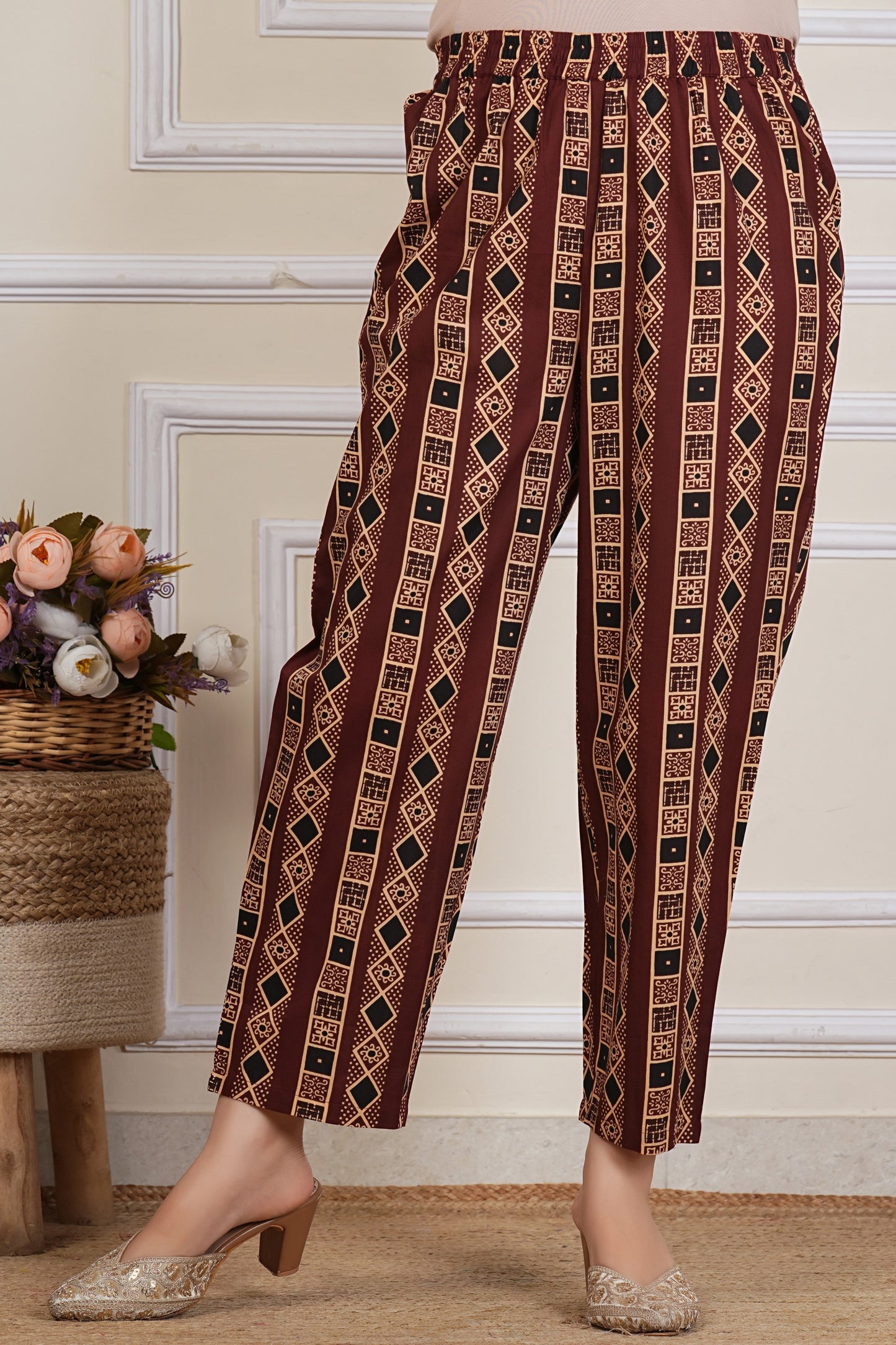 Tavajju Brown Printed Cotton Three-Piece Set | Kurta, Pant & Dupatta
