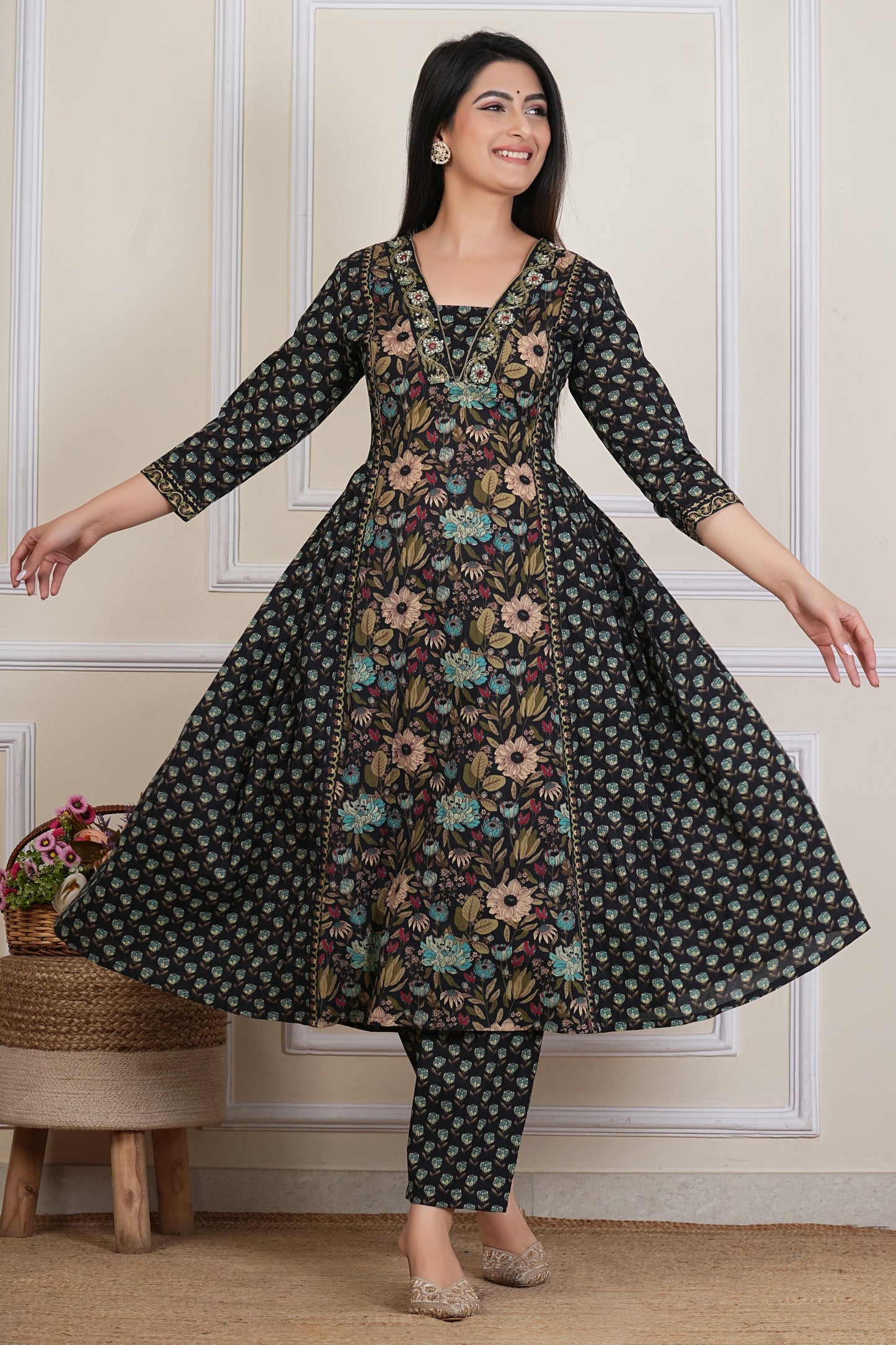 Tavajju Black Floral Printed Cotton Three-Piece Set | Kurta, Pant & Dupatta