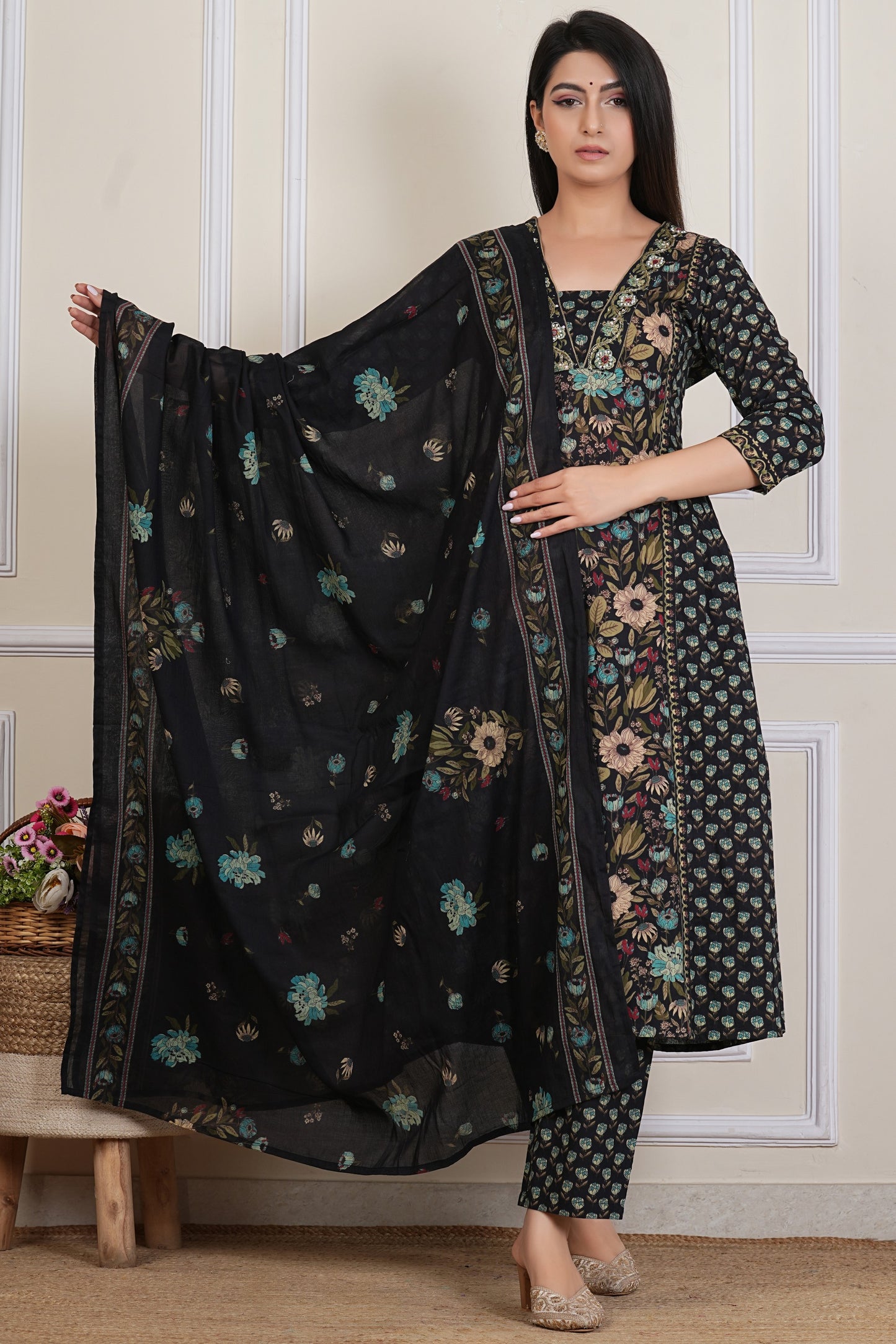 Tavajju Black Floral Printed Cotton Three-Piece Set | Kurta, Pant & Dupatta