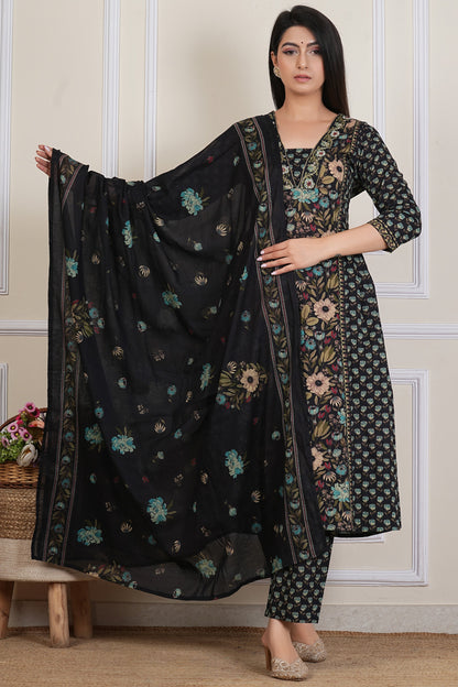 Tavajju Black Floral Printed Cotton Three-Piece Set | Kurta, Pant & Dupatta