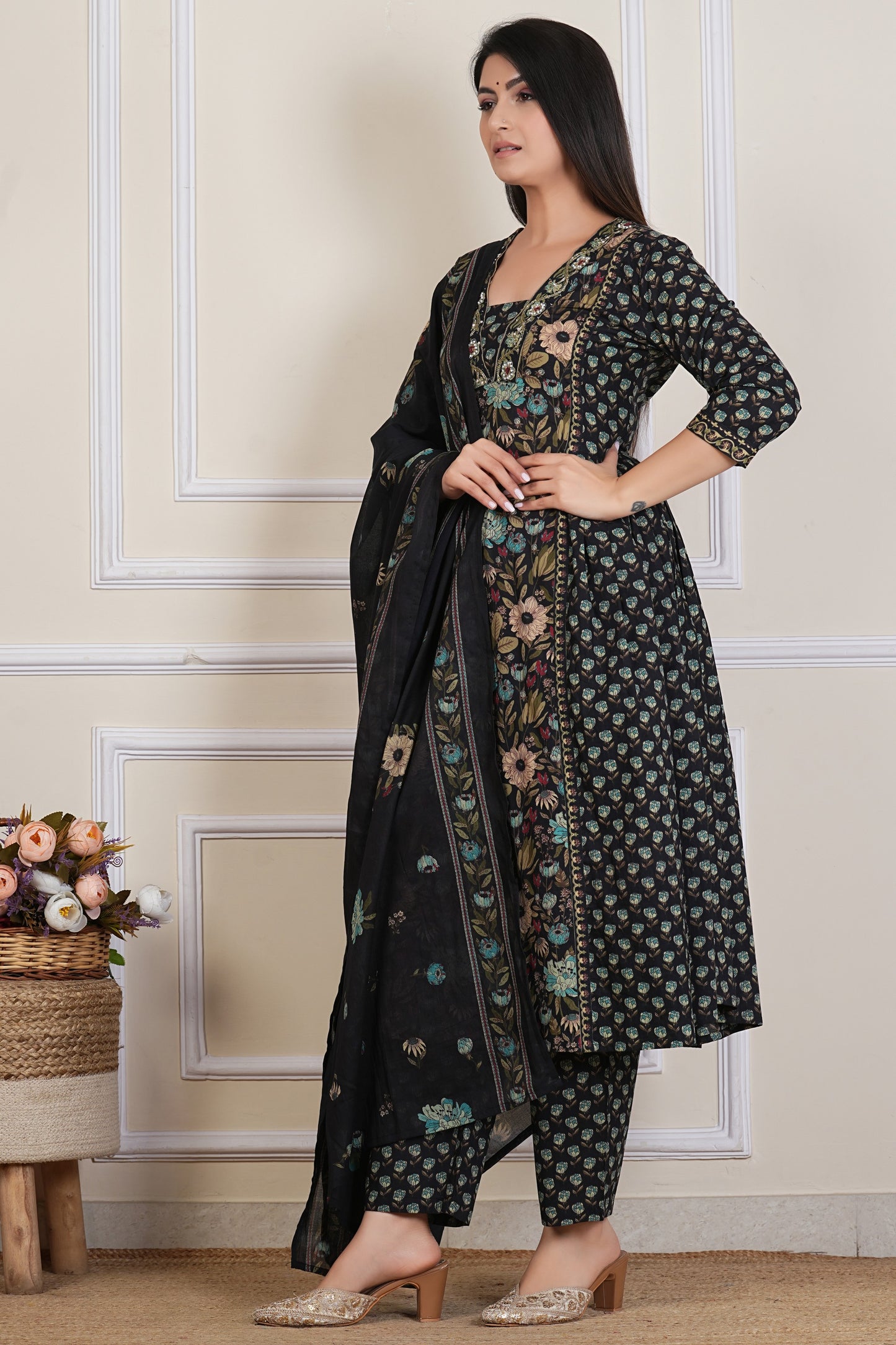 Tavajju Black Floral Printed Cotton Three-Piece Set | Kurta, Pant & Dupatta