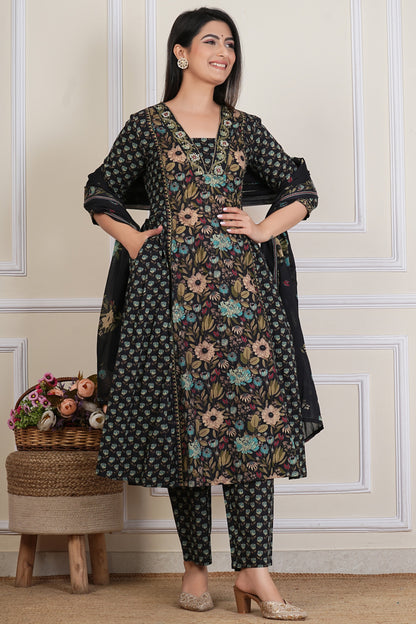 Tavajju Black Floral Printed Cotton Three-Piece Set | Kurta, Pant & Dupatta
