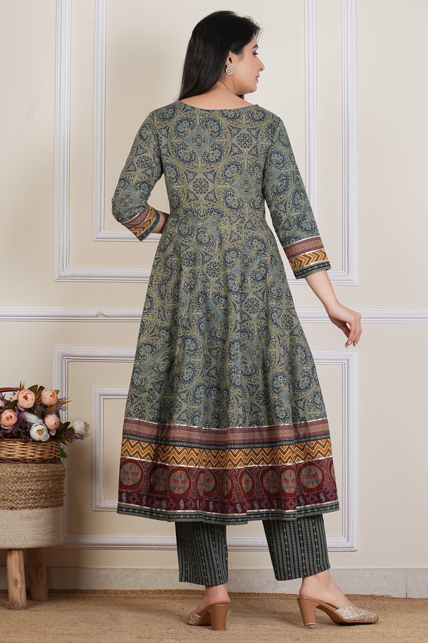 Tavajju Olive Green Ajrakh-Inspired Printed Cotton Three-Piece Set