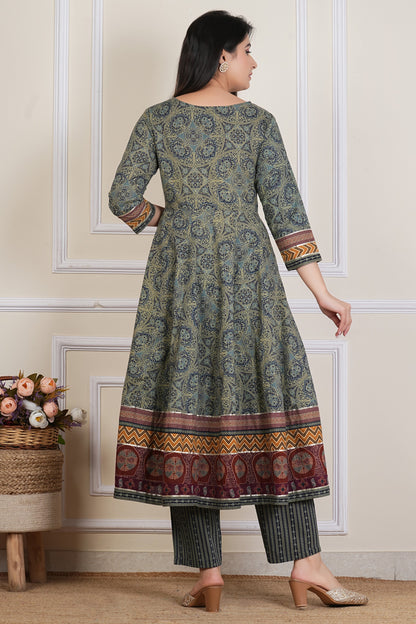 Tavajju Olive Green Ajrakh-Inspired Printed Cotton Three-Piece Set