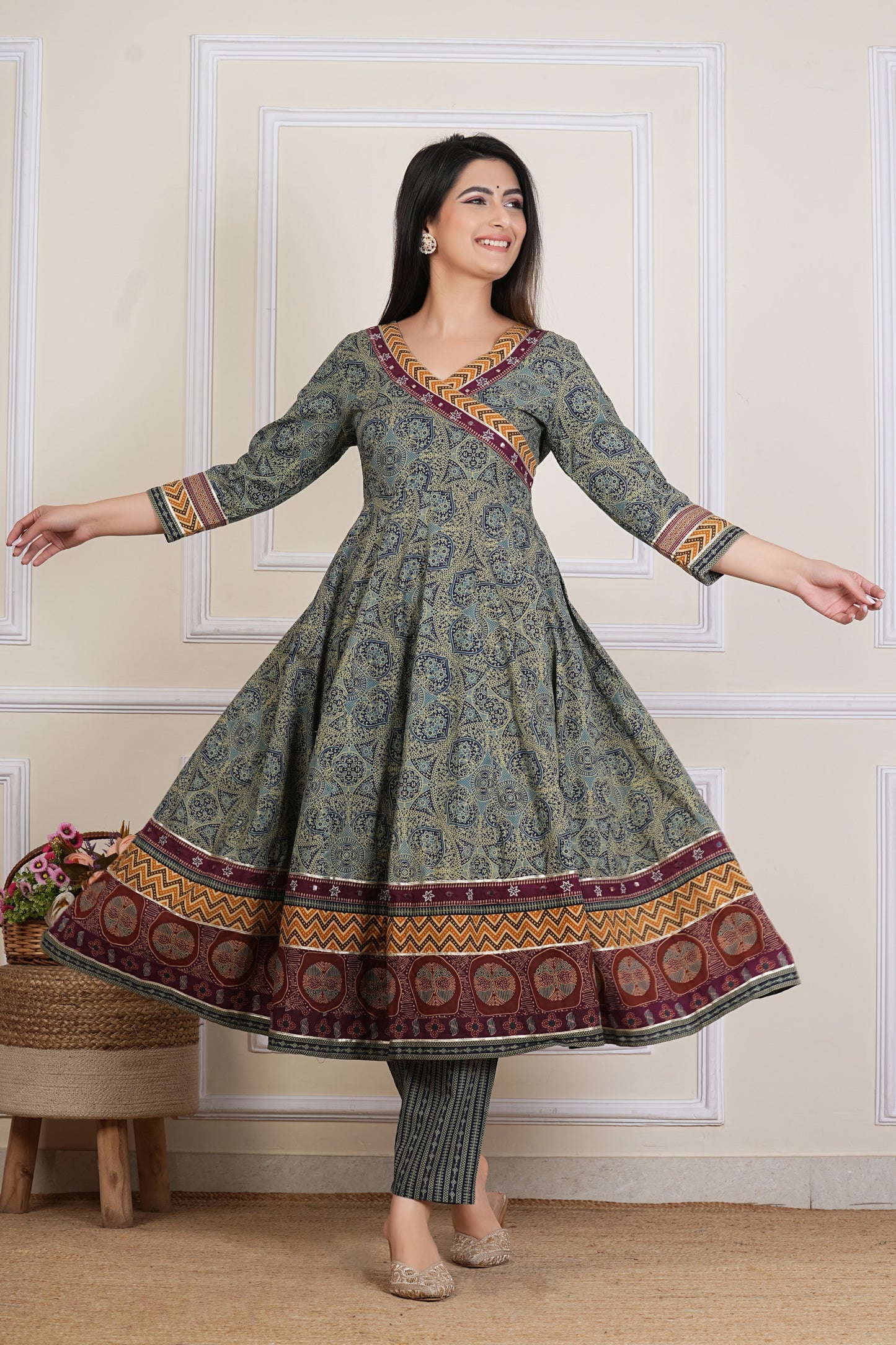 Tavajju Olive Green Ajrakh-Inspired Printed Cotton Three-Piece Set
