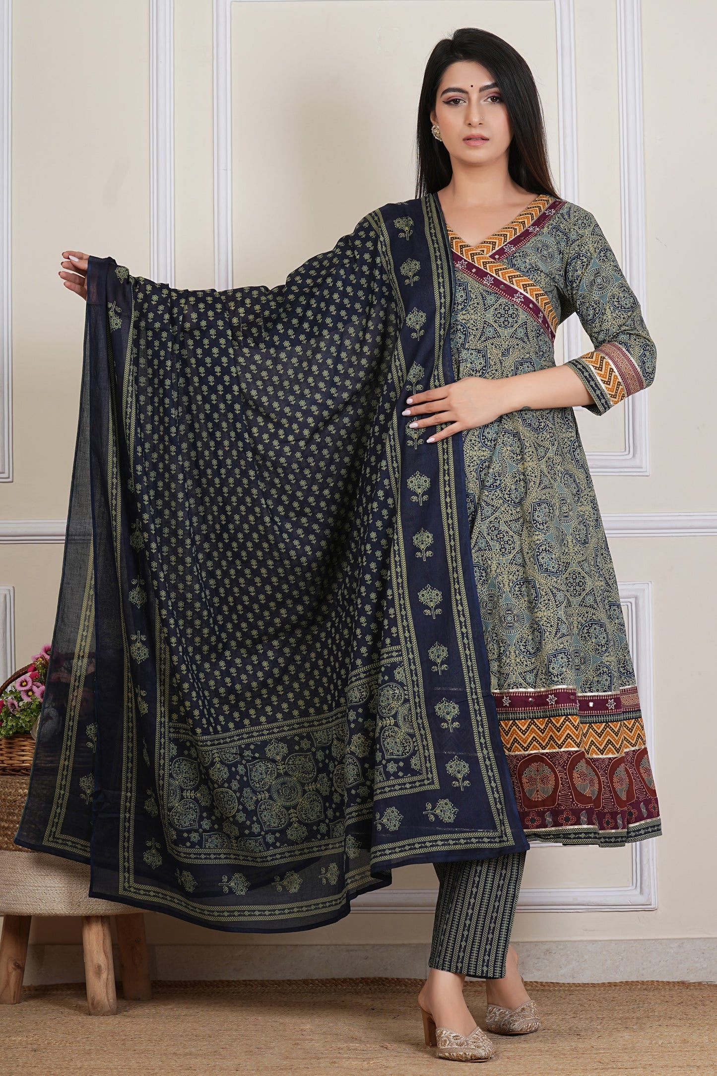 Tavajju Olive Green Ajrakh-Inspired Printed Cotton Three-Piece Set