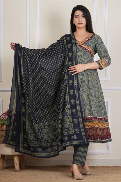 Tavajju Olive Green Ajrakh-Inspired Printed Cotton Three-Piece Set