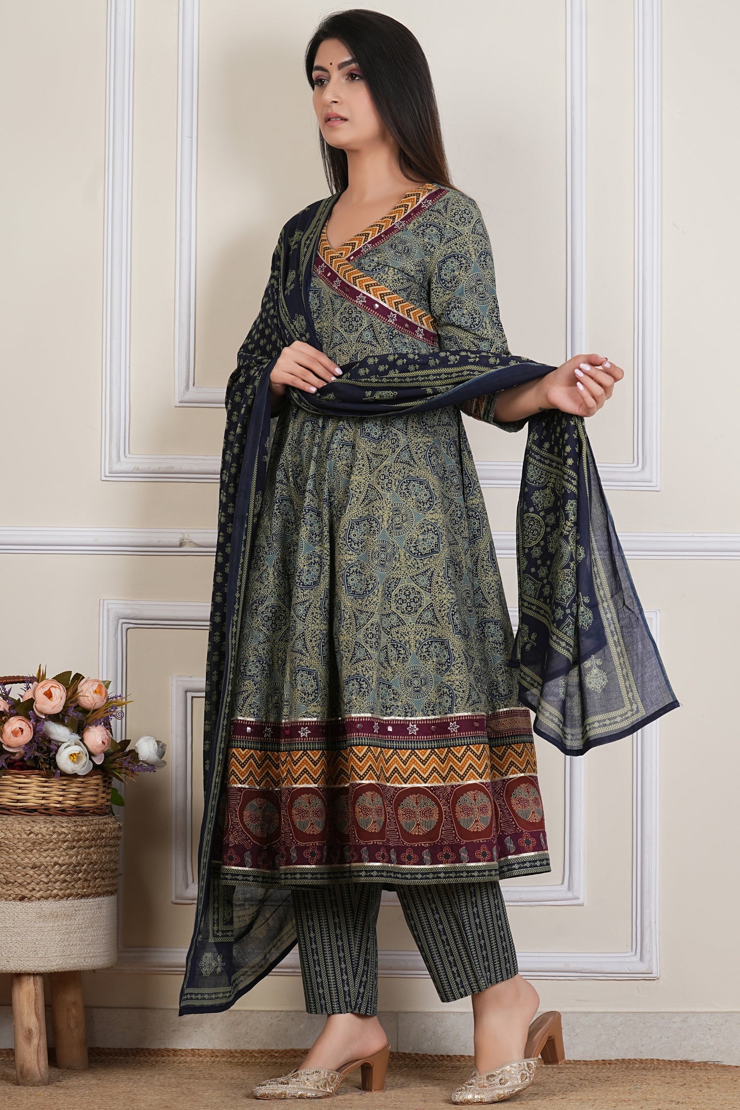 Tavajju Olive Green Ajrakh-Inspired Printed Cotton Three-Piece Set