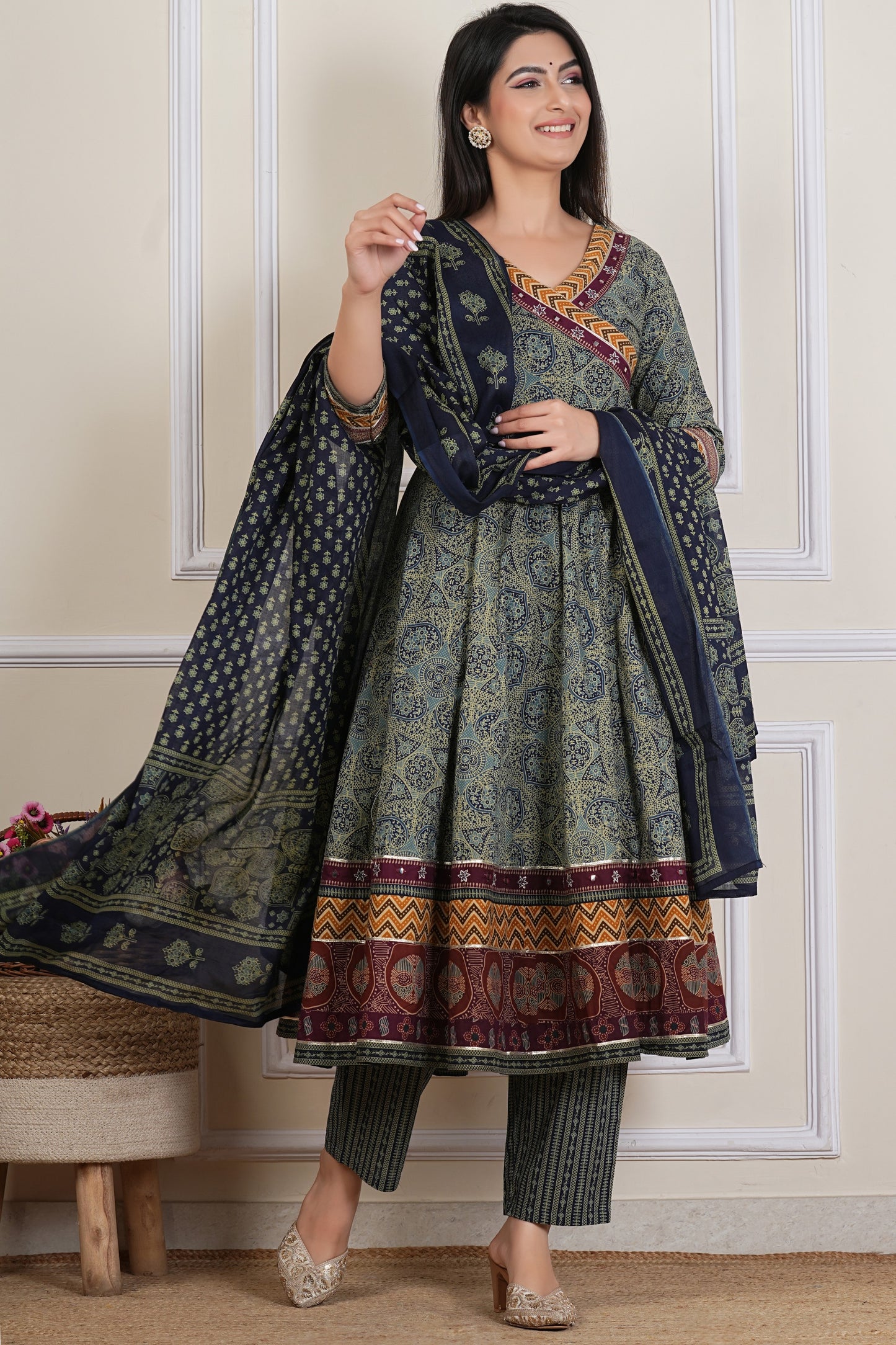 Tavajju Olive Green Ajrakh-Inspired Printed Cotton Three-Piece Set