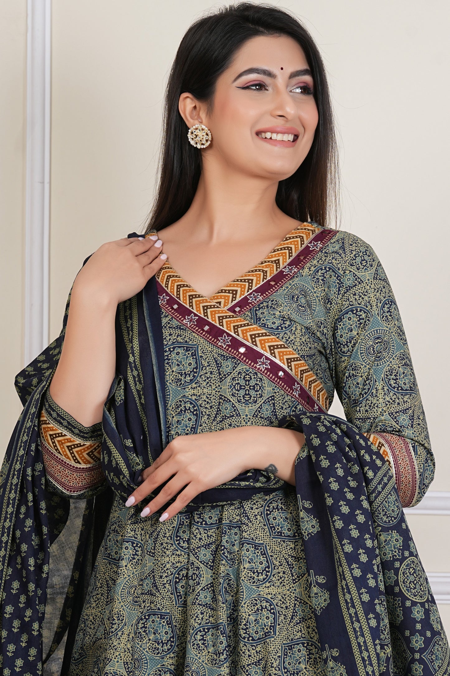 Tavajju Olive Green Ajrakh-Inspired Printed Cotton Three-Piece Set