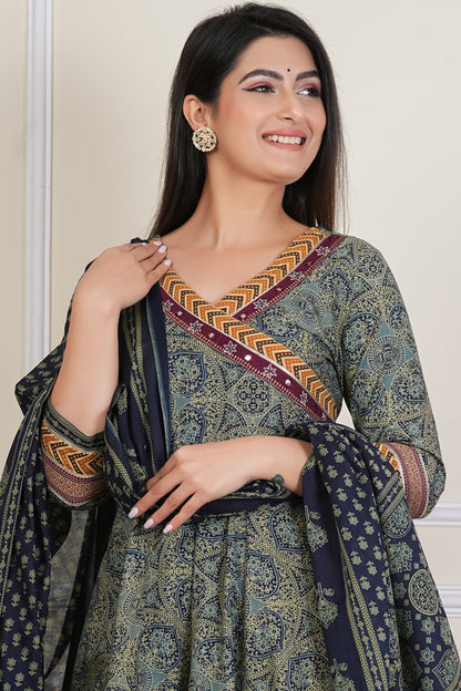 Tavajju Olive Green Ajrakh-Inspired Printed Cotton Three-Piece Set
